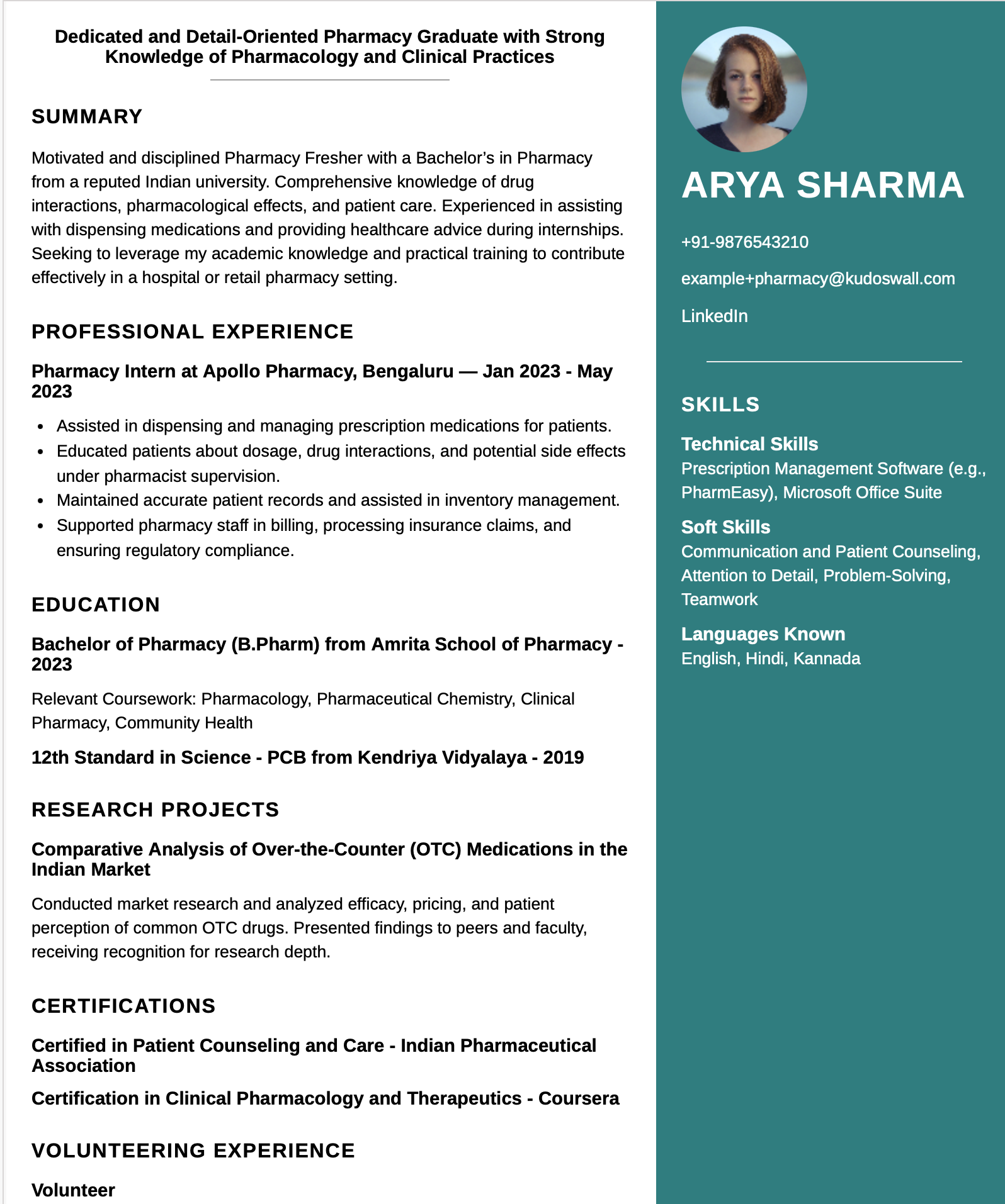 Fresher B.Pharm student resume example