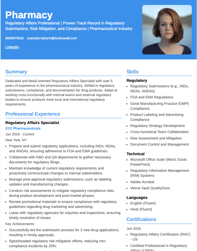 Regulatory Affairs Specialist resume template