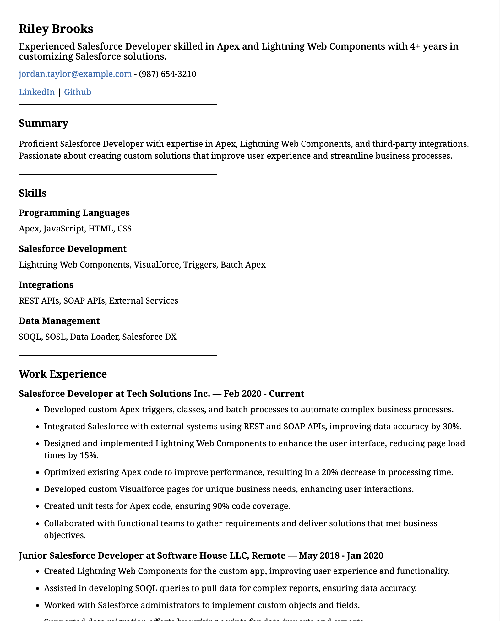 Salesforce Developer Resume Example