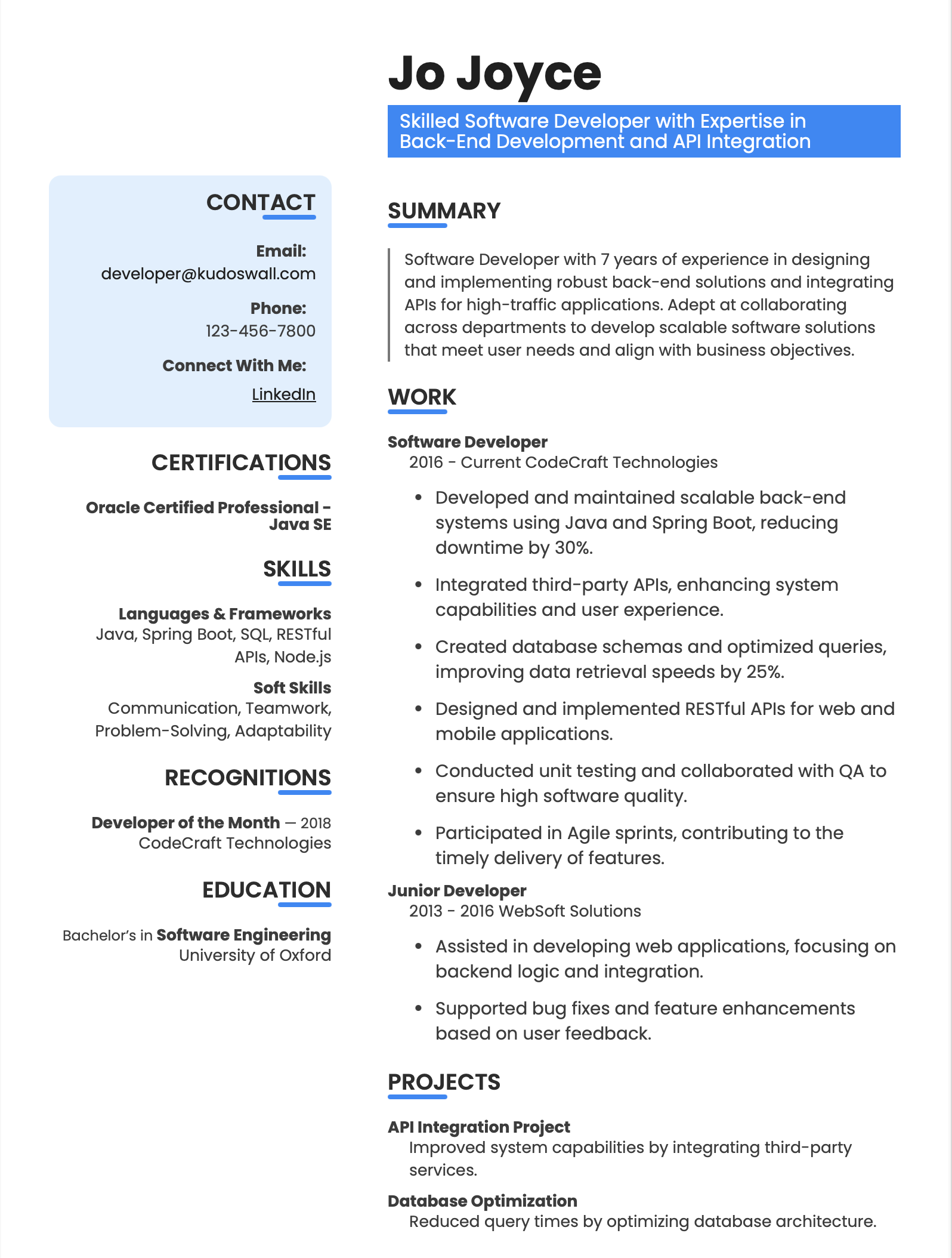 Software Developer Resume Example