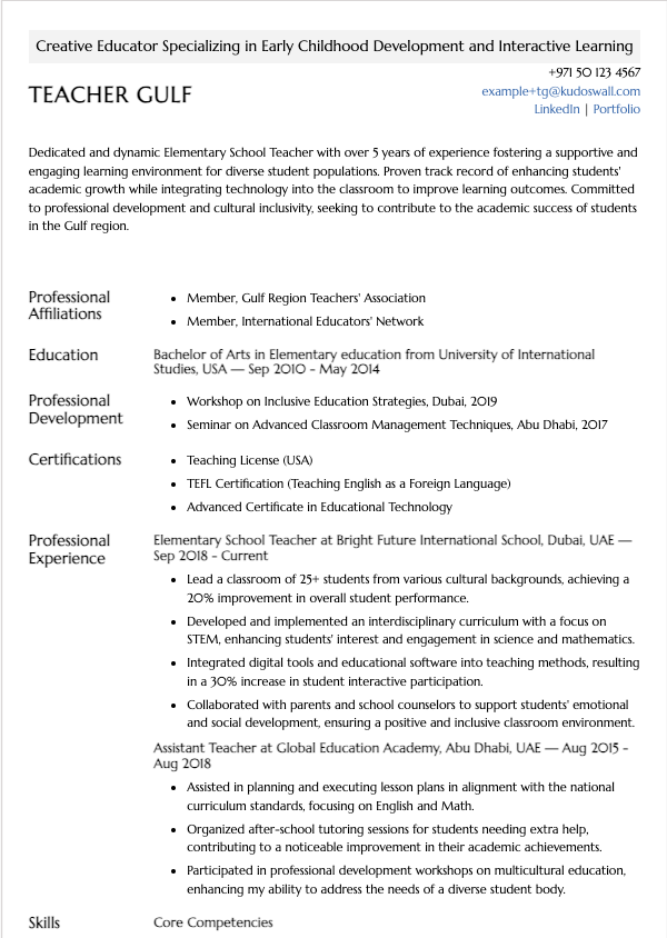 Elementary and Primary School Teacher Resume