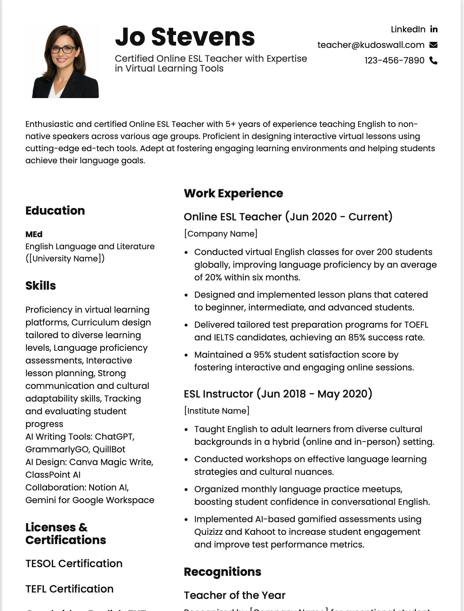 ESL Teacher Resume Templates
