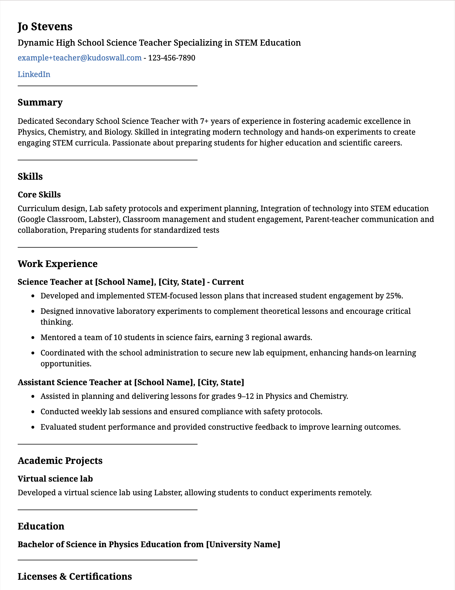 Science and STEM Teacher Resume