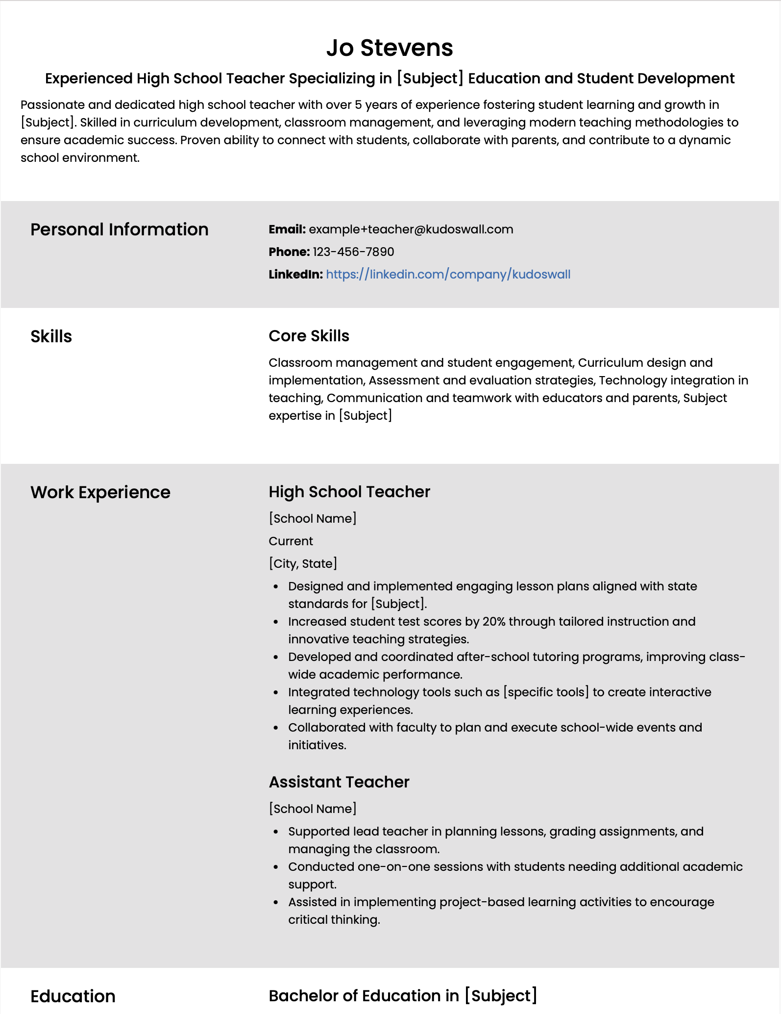 High School and PGT Teacher Resume