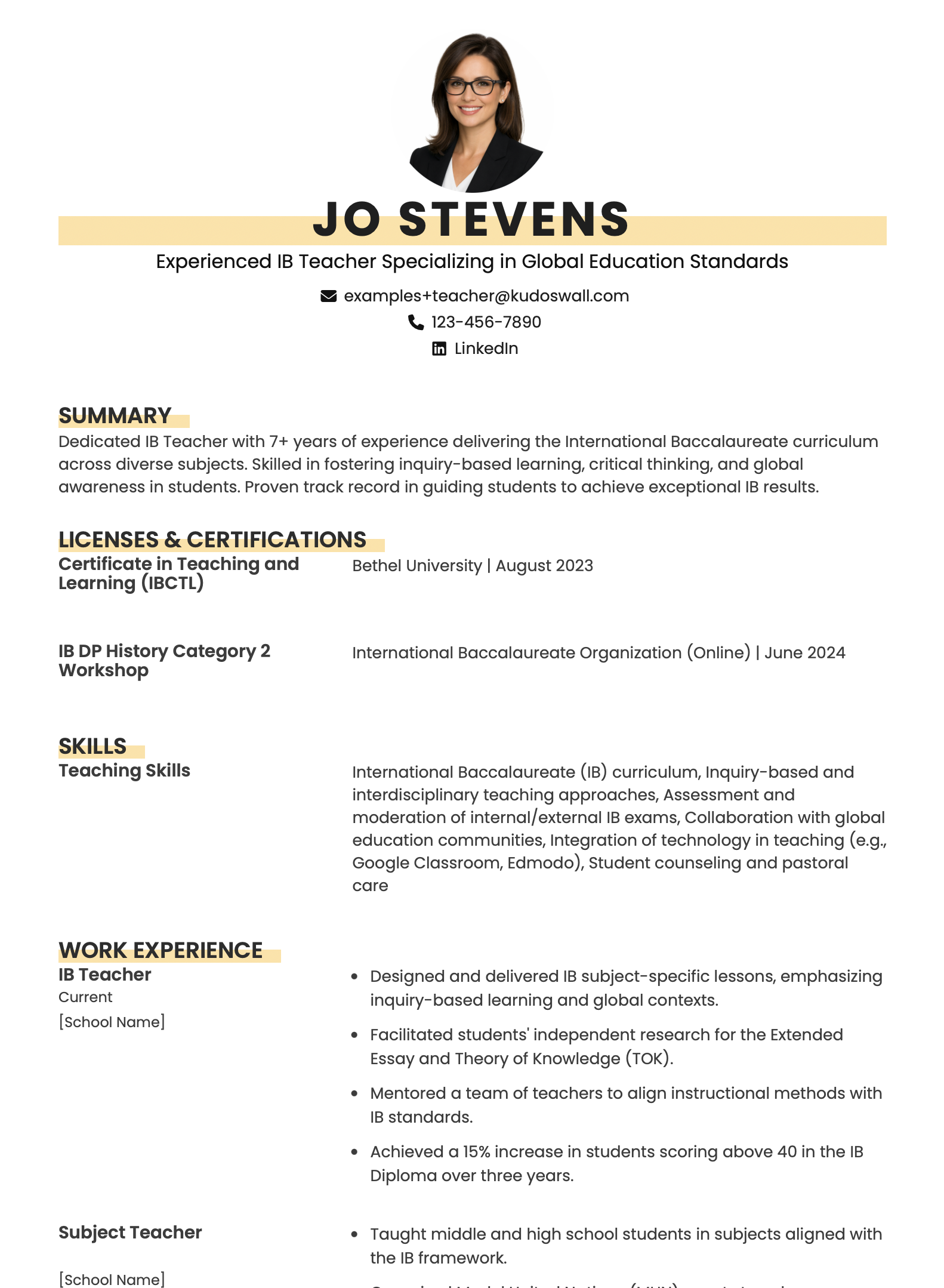IB Teacher CV