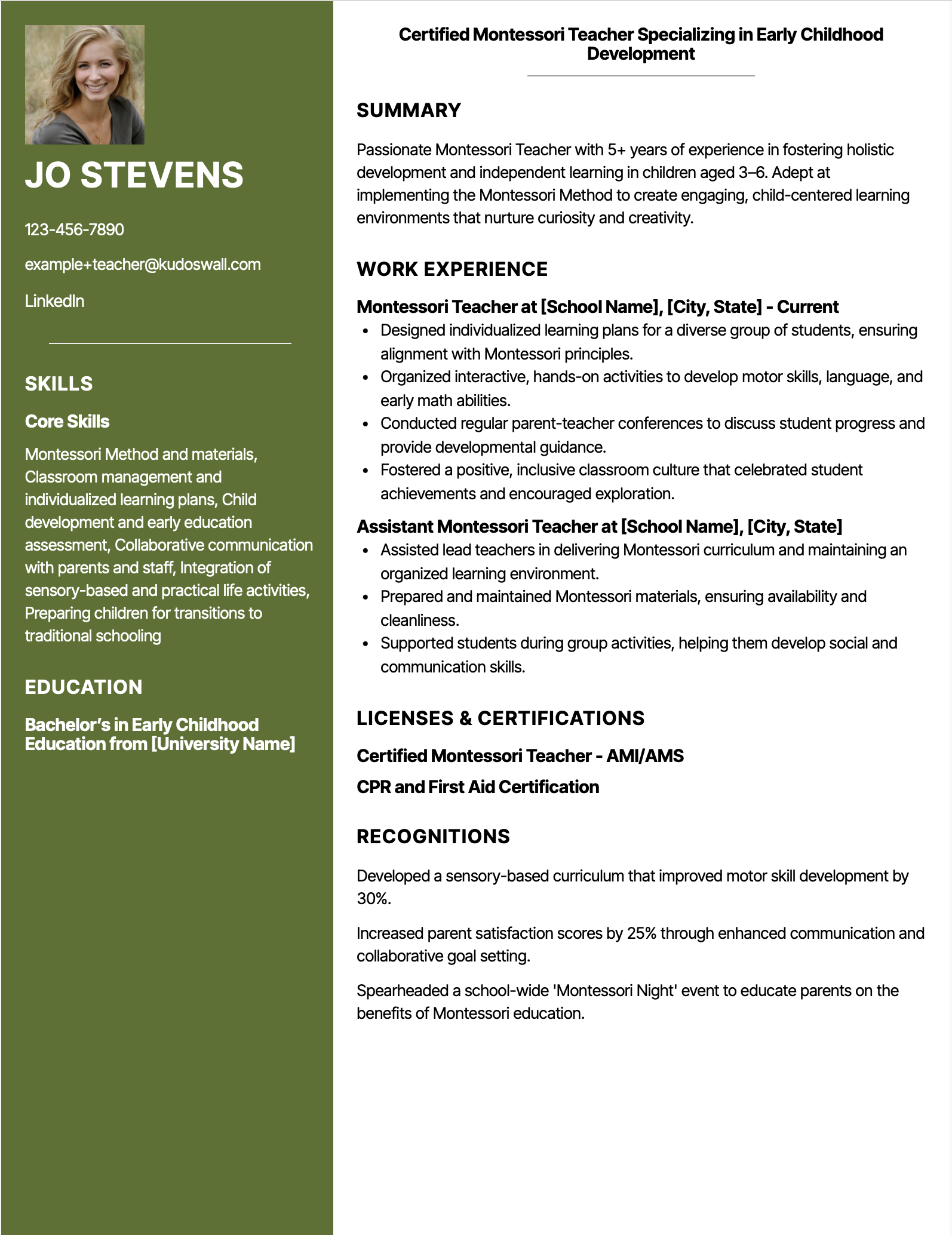 Montessori and Kindergarten Teacher Resume