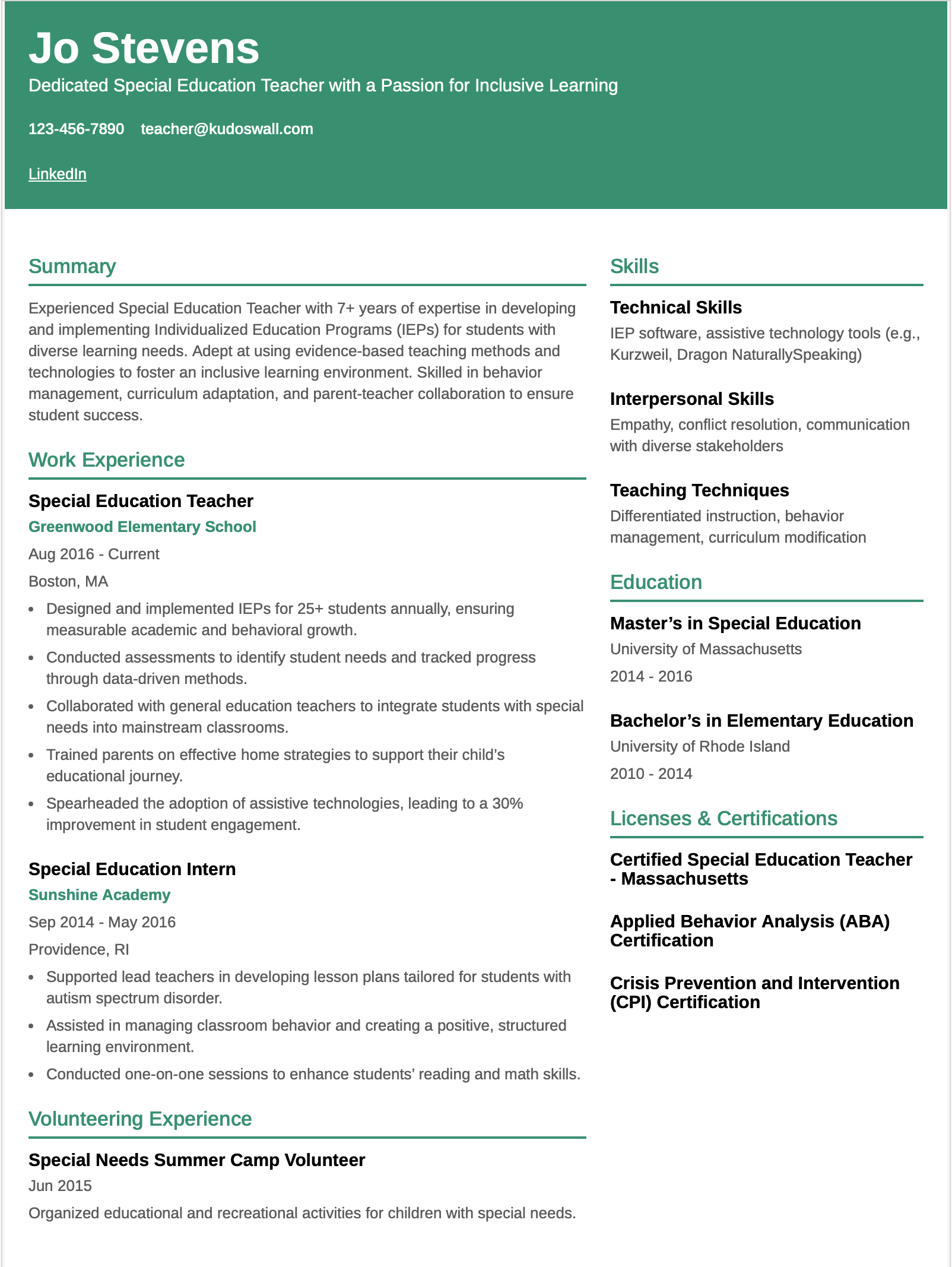 Special Education and SEN Teacher Resume Templates