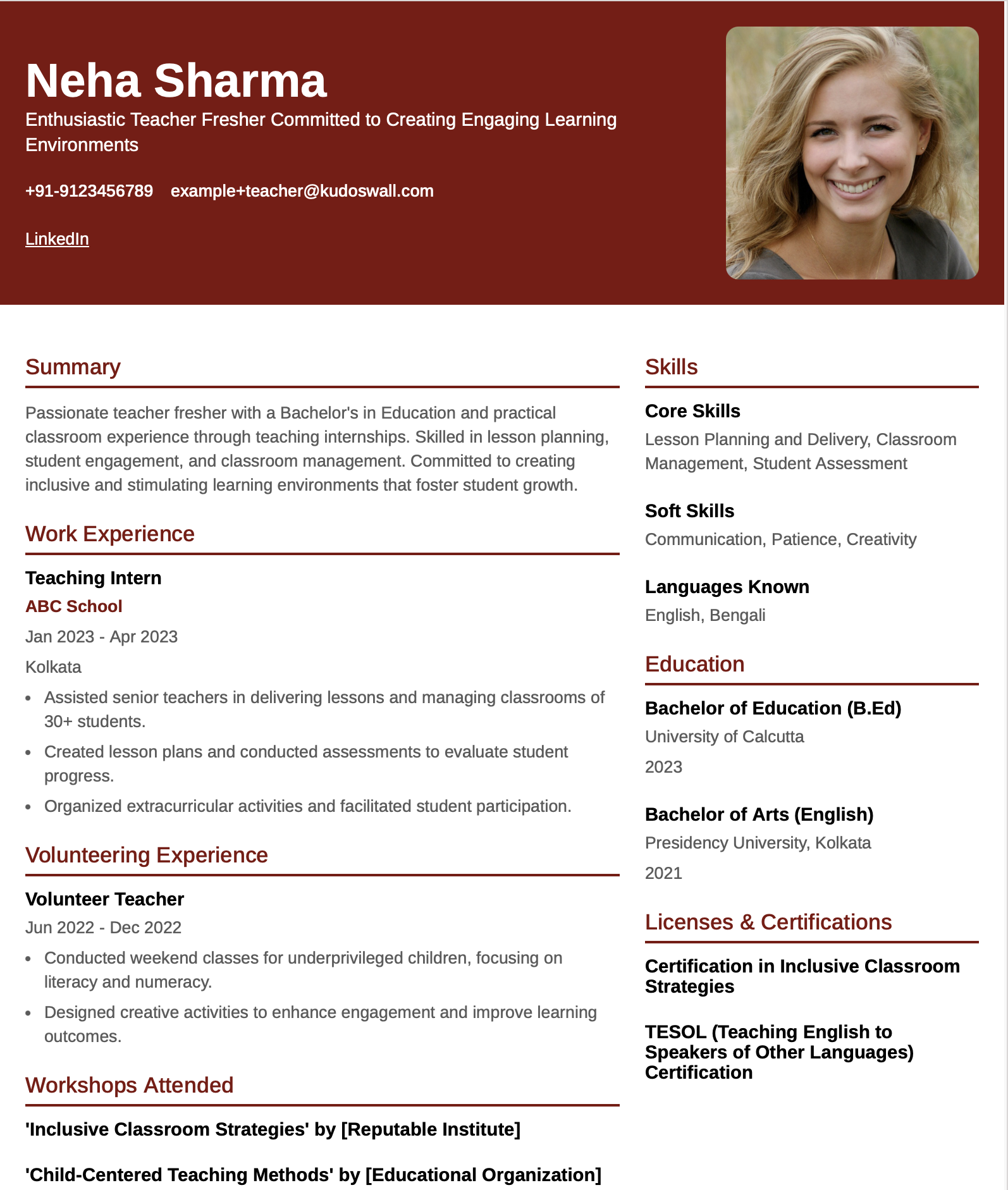 Fresher Teacher Resume Example for B.Ed Graduates