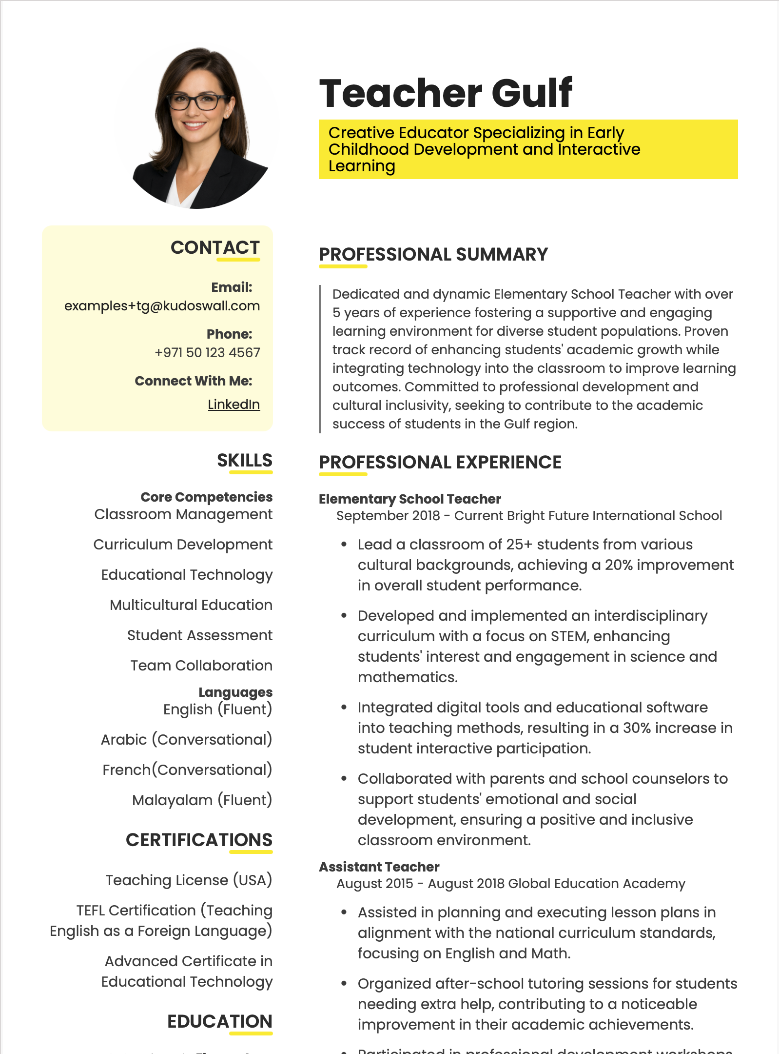 Teacher CV for Dubai and International Schools