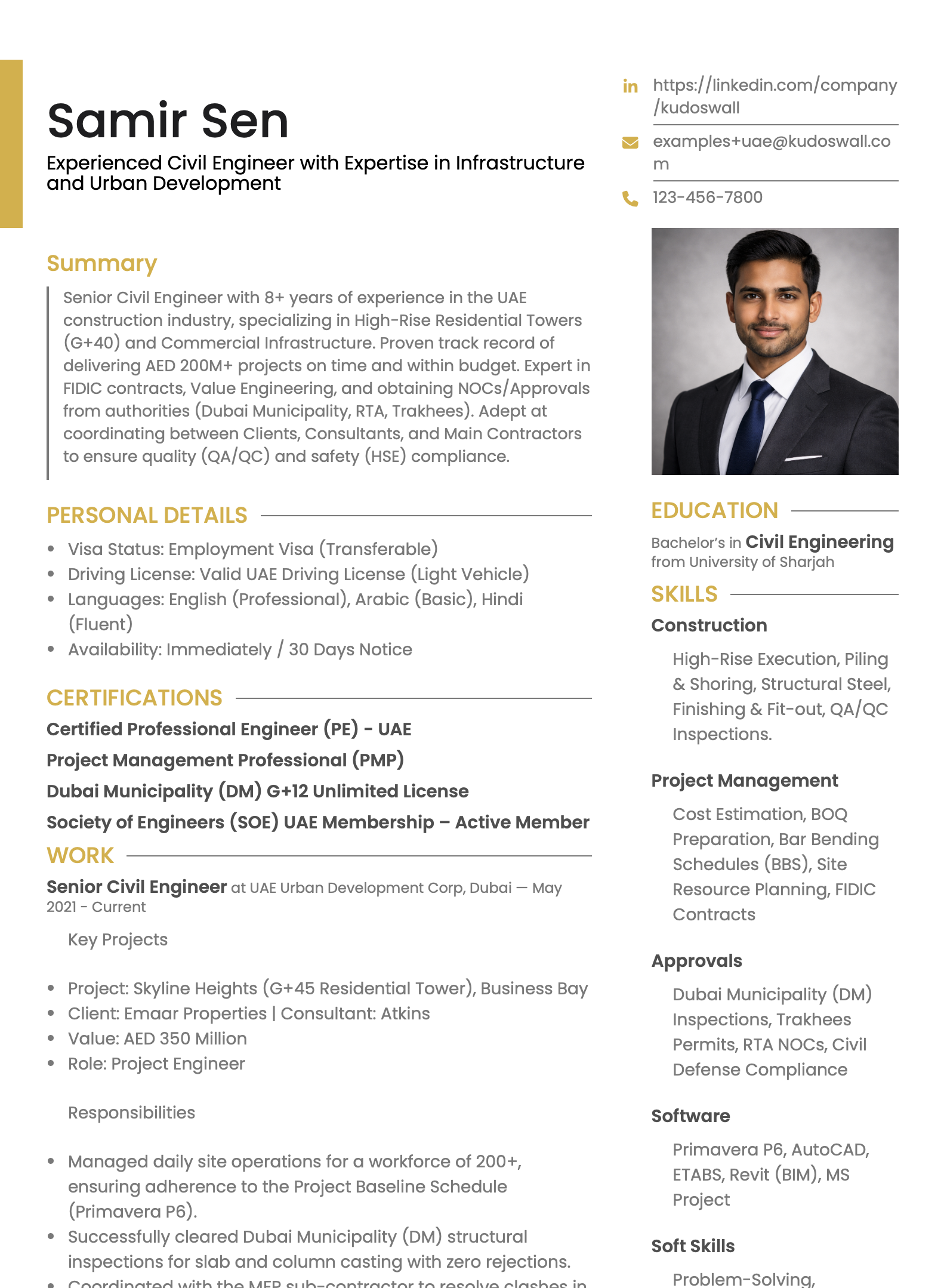 Civil Engineer Resume Format for Dubai Construction Projects (MOHRE Compliant)