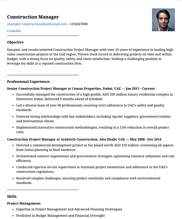 Construction Project Manager Resume for Dubai Real Estate