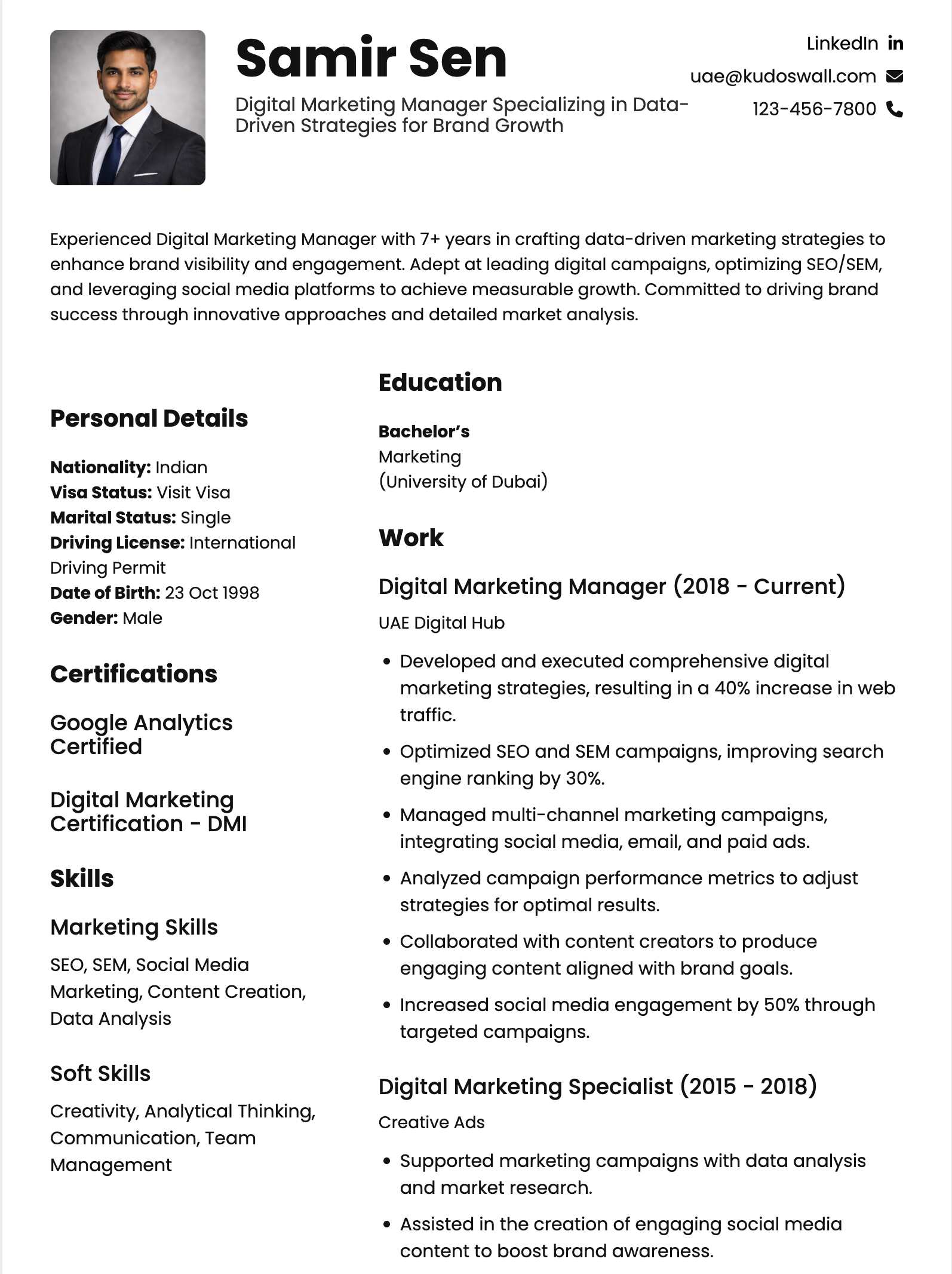 Digital Marketing Manager CV Example for Dubai Agencies