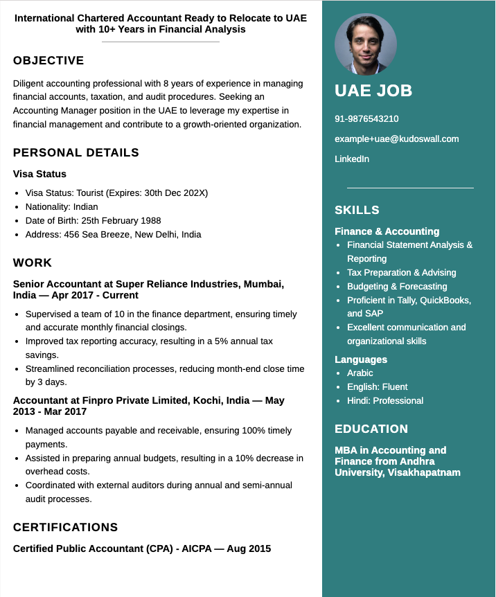 Chartered Accountant (CA) CV Format for UAE Finance Jobs