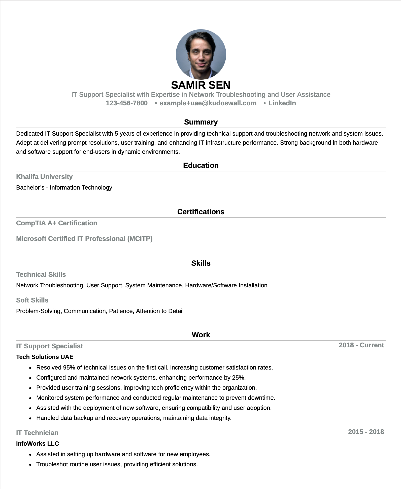 IT Support Specialist CV Format for Dubai Tech Companies