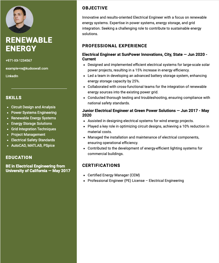 Electrical & Renewable Energy Engineer Resume for Masdar/Abu Dhabi
