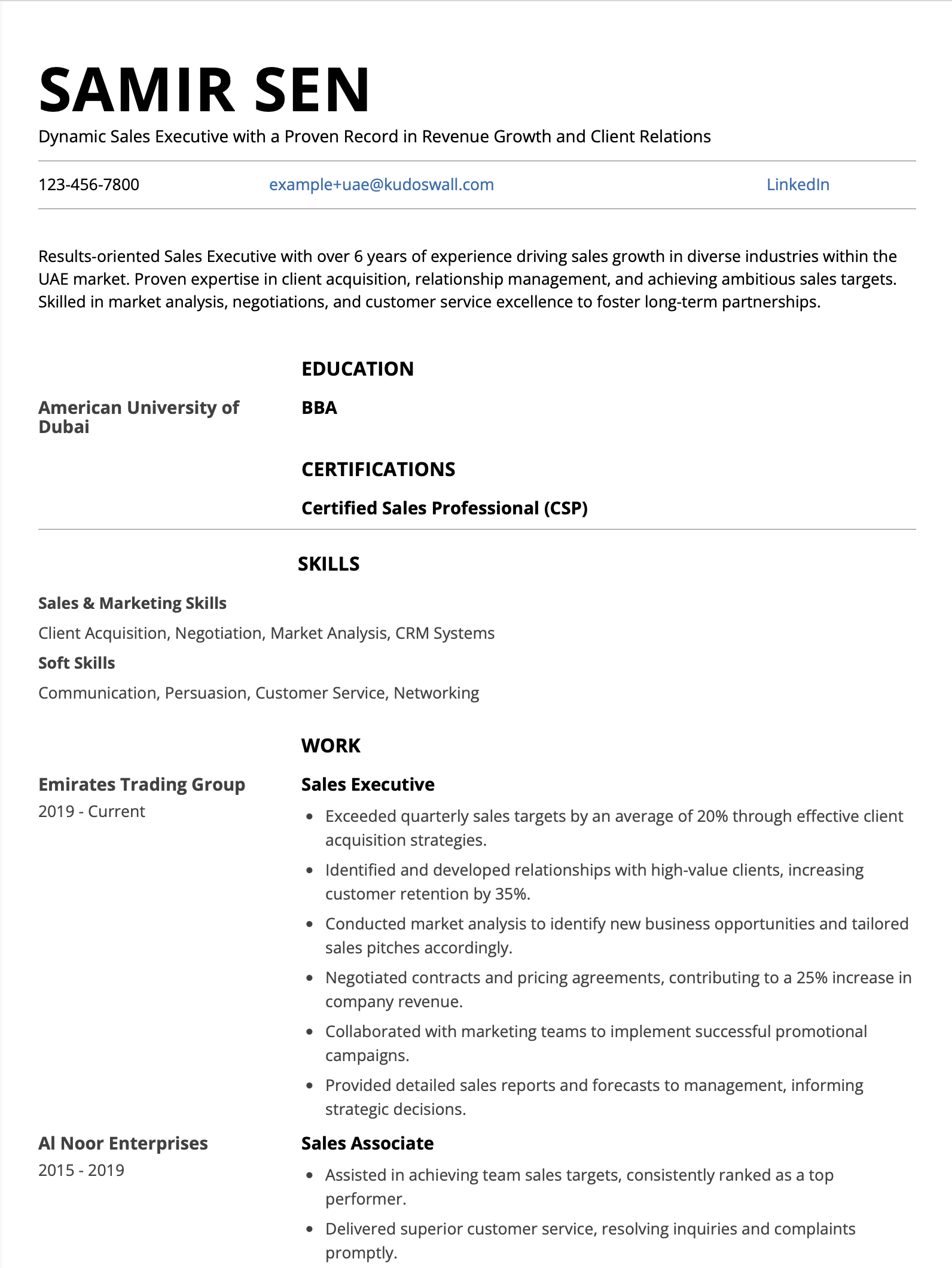 Sales Executive CV Template for UAE (Revenue Focused)
