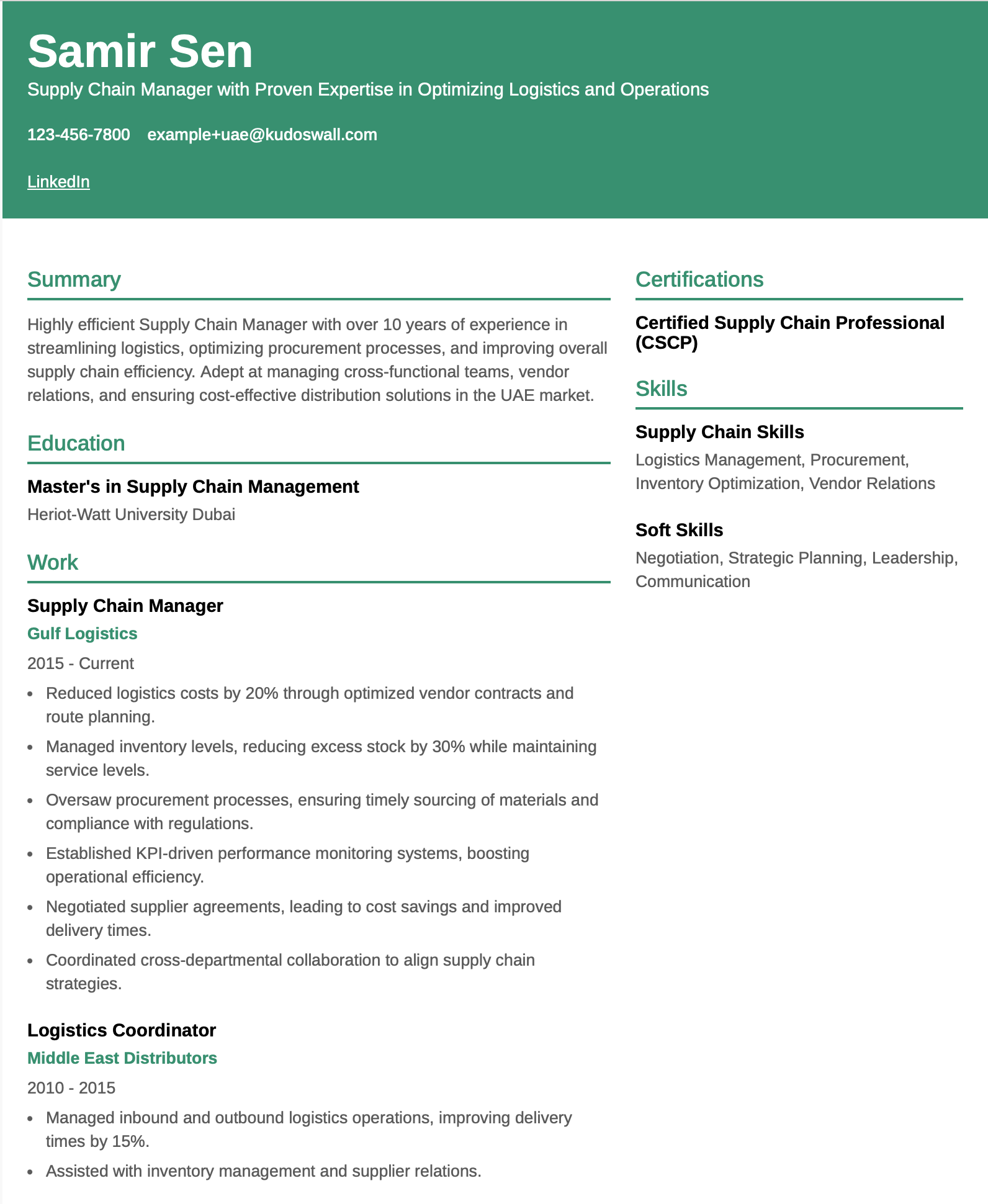Supply Chain Manager Resume for Dubai Logistics Sector