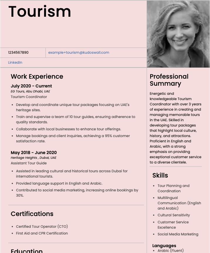 Tourism & Hospitality Resume Sample for Dubai Hotels
