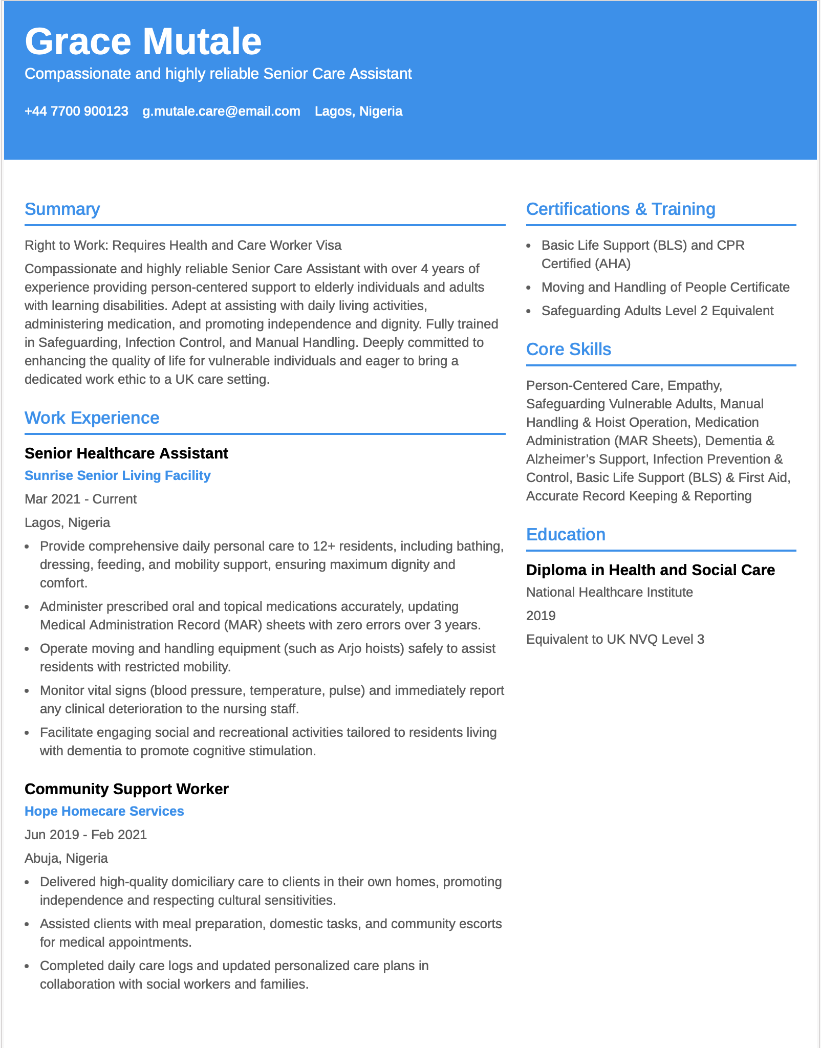 UK Care Worker CV Format