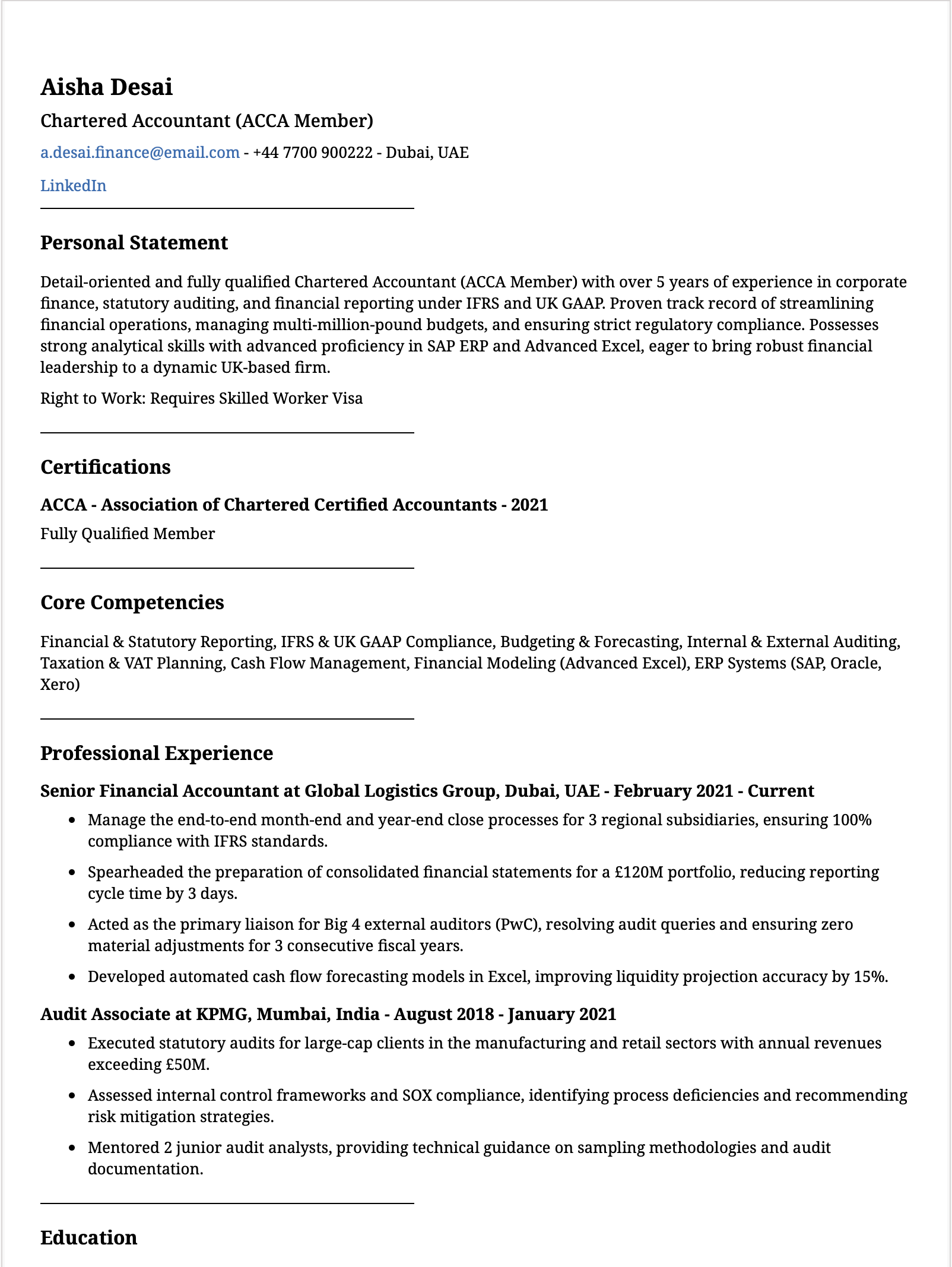 UK Finance Chartered Accountant CV Format