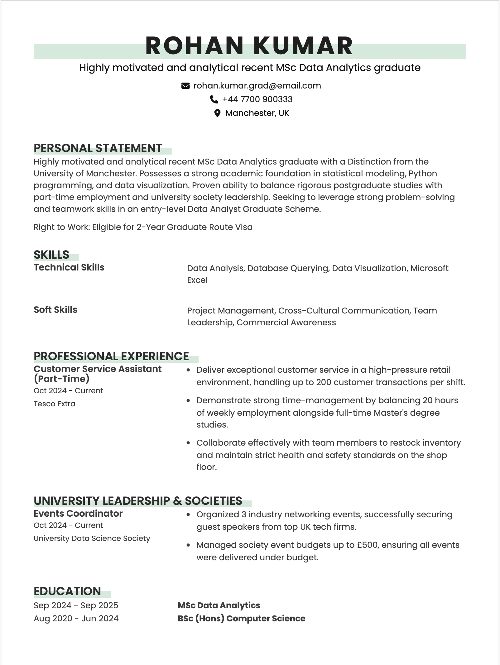 UK Graduate CV Format for Freshers
